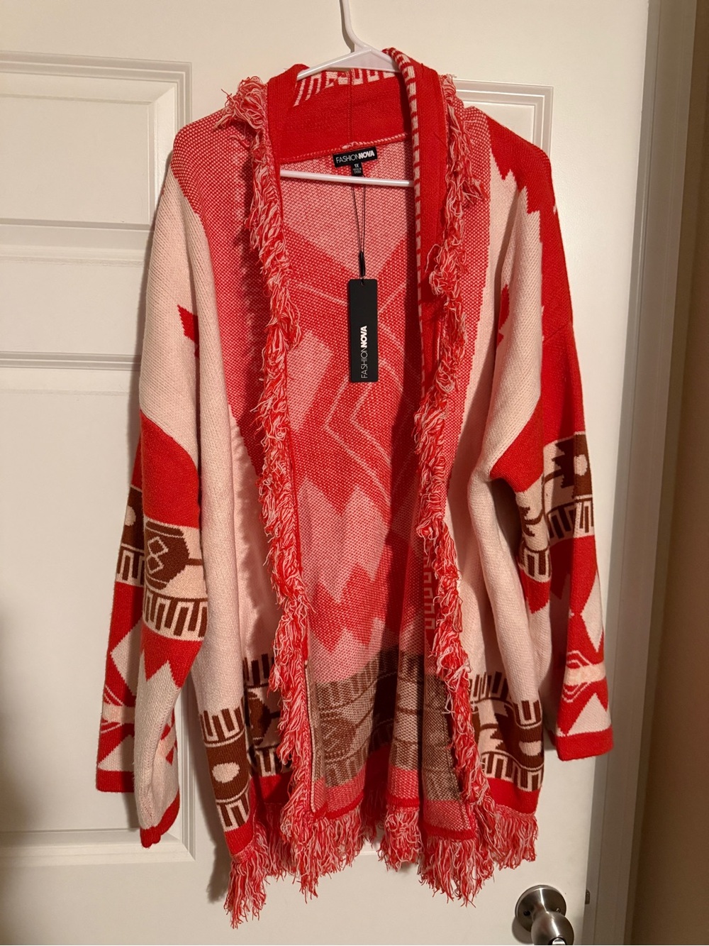 NWT FASHION NOVA Red & Pink Fringe Open-Front Women's Sweater Cardigan 1X